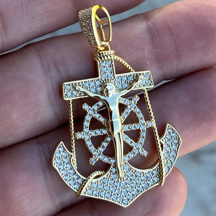 Harlem Bling Necklaces 14K Gold Plated over 925 Silver Jesus Anchor Cross CZ Pendant Harlem Bling Necklaces 14K Gold Plated over 925 Silver Jesus Anchor Cross CZ Pendant