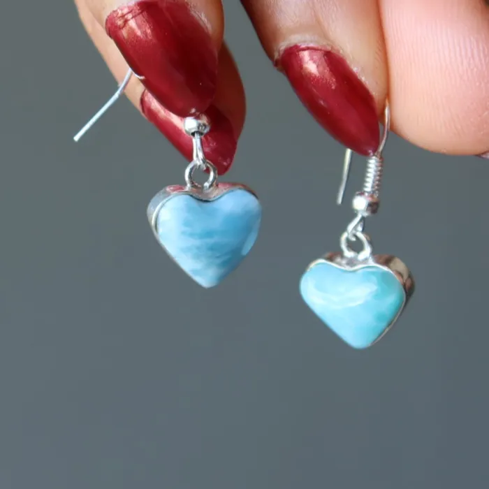 Larimar Earrings Hear Love Calling Blue Gem Heart Sterling Silver Satin Crystals Earrings