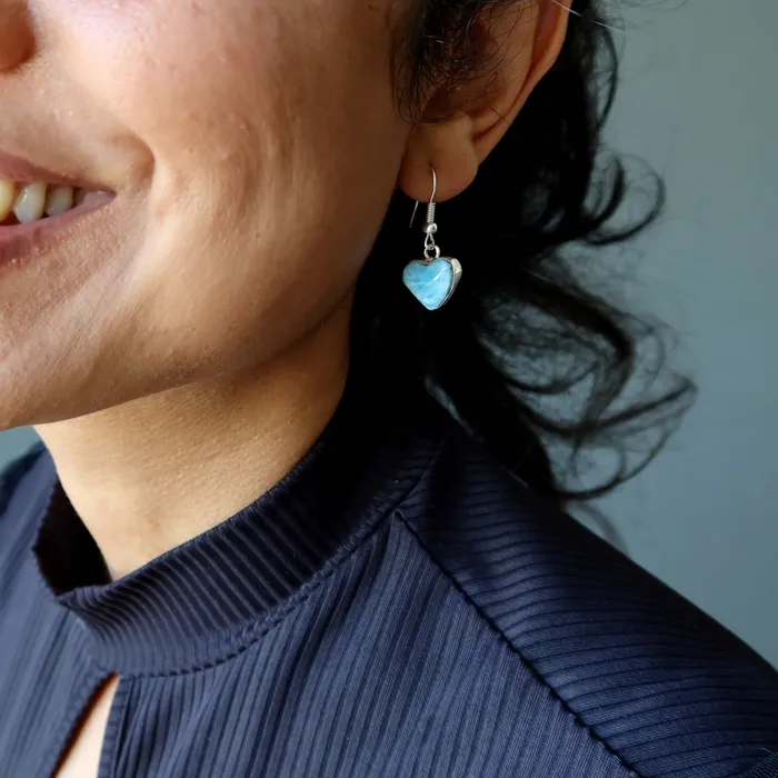 Larimar Earrings Hear Love Calling Blue Gem Heart Sterling Silver Satin Crystals Earrings