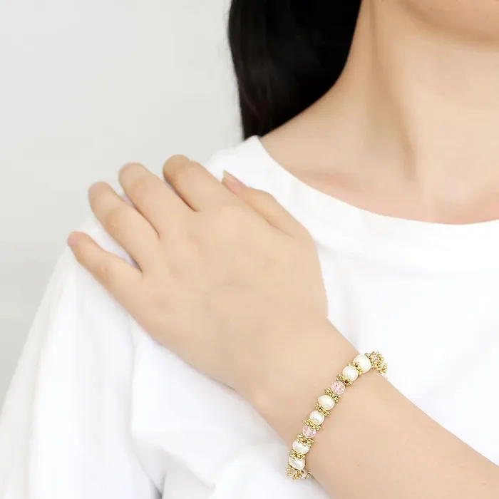 LO4655 Antique Silver White Metal Bracelet with Synthetic Pearl in Rose Alamode Bracelets