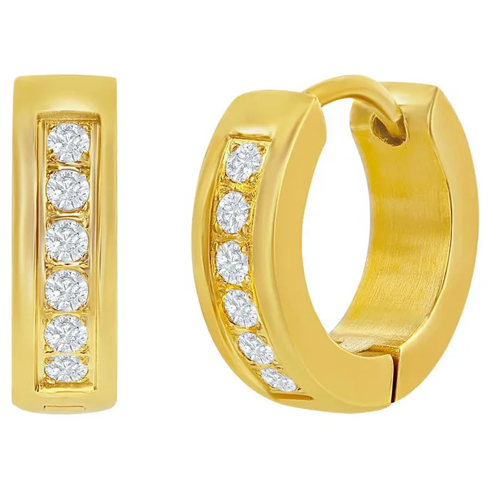 Mens Earrings Gold Plated Steel 13mm Huggie Hoop Single Row CZ SA6078 Classic Earrings