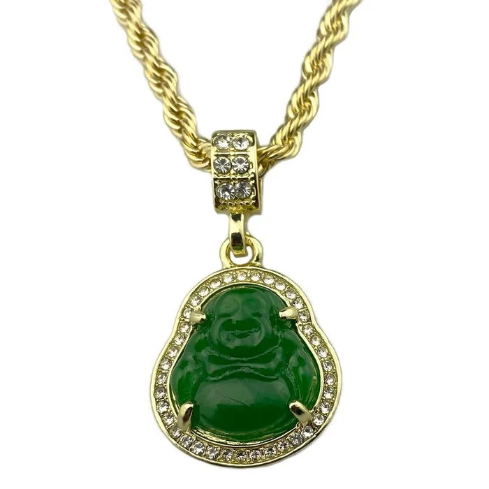 Necklaces Bling Cartel Admin 14k Gold Plated Green Buddha Rope Chain Necklace 24
