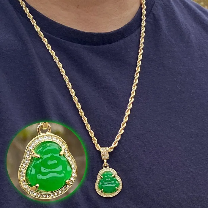 Necklaces Bling Cartel Admin 14k Gold Plated Green Buddha Rope Chain Necklace 24