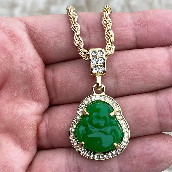 Necklaces Bling Cartel Admin 14k Gold Plated Green Buddha Rope Chain Necklace 24