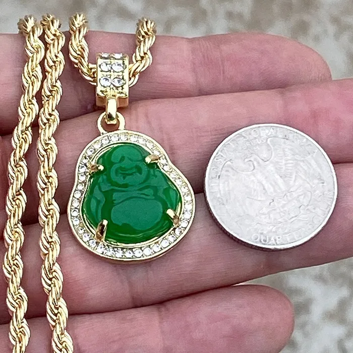 Necklaces Bling Cartel Admin 14k Gold Plated Green Buddha Rope Chain Necklace 24