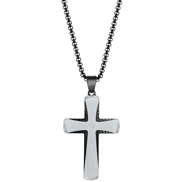 Necklaces Classic Mens Necklace Stainless Steel Black and Silver Single CZ Cross SL7119