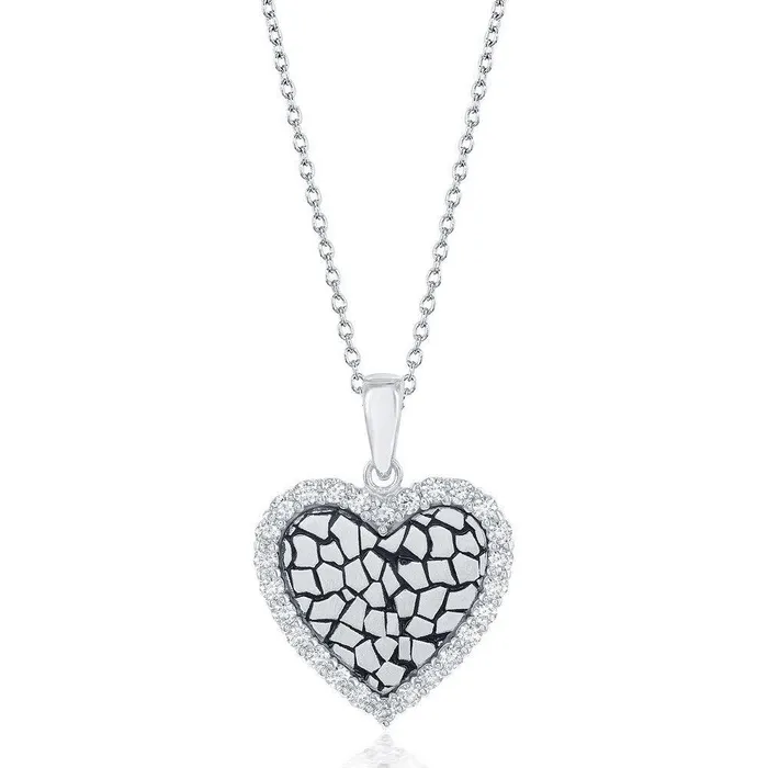 Necklaces Classic Sterling Silver CZ Border Heart with Cobblestone Design Necklace