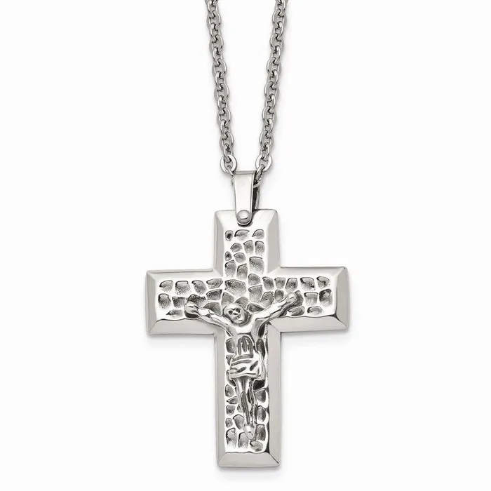 Necklaces Stainless Steel Polished Textured Crucifix 20in Necklace Chisel