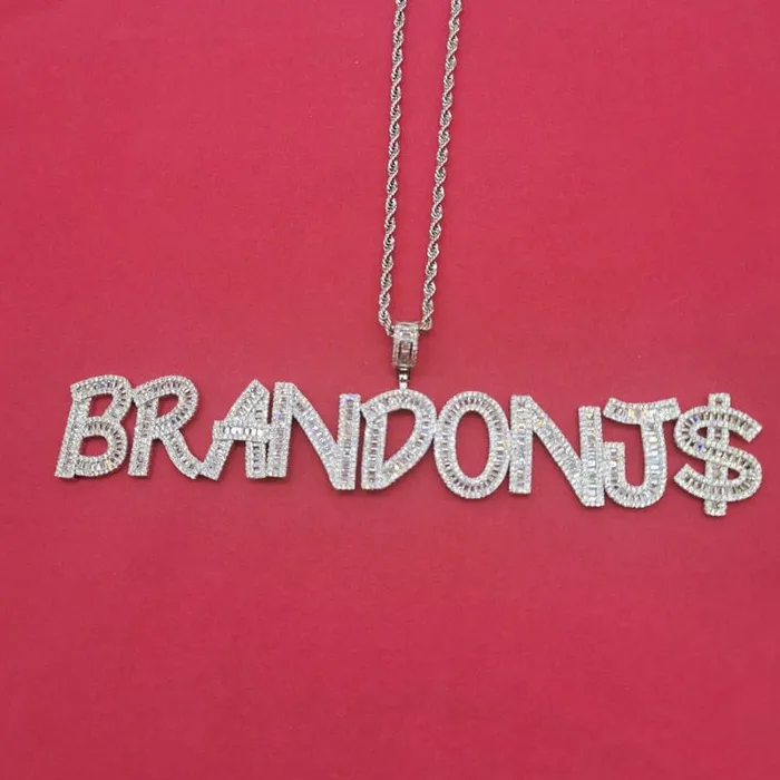 Necklaces VVS Jewelry VVS Jewelry Custom Baguette Letter Pendant Necklace