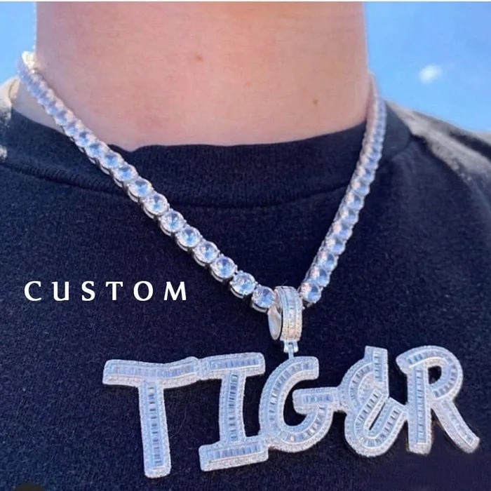 Necklaces VVS Jewelry VVS Jewelry Custom Baguette Letter Pendant Necklace