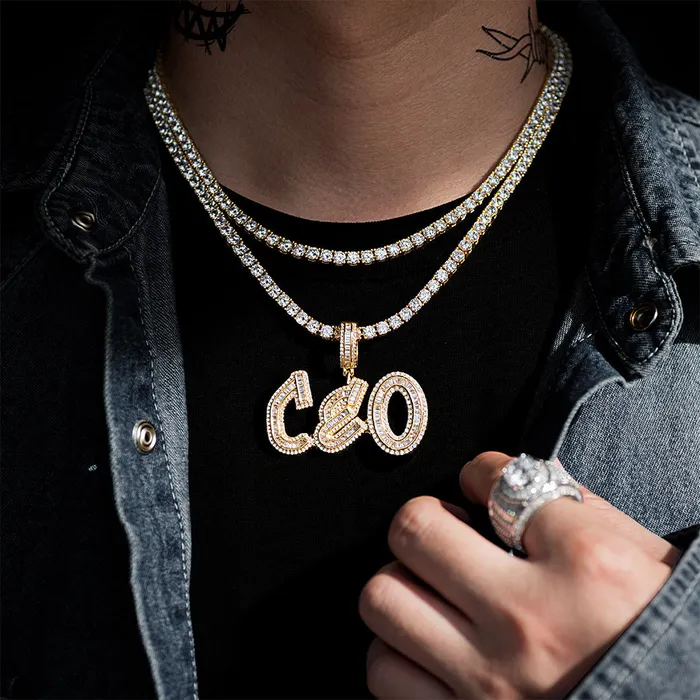 Necklaces VVS Jewelry VVS Jewelry Custom Baguette Letter Pendant Necklace
