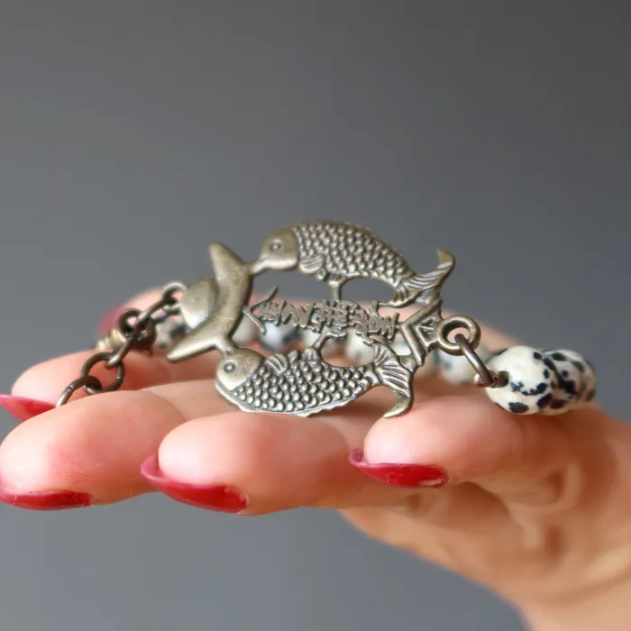 Satin Crystals Bracelets Dalmatian Jasper Bracelet Prosperous Fish Brass Clasp