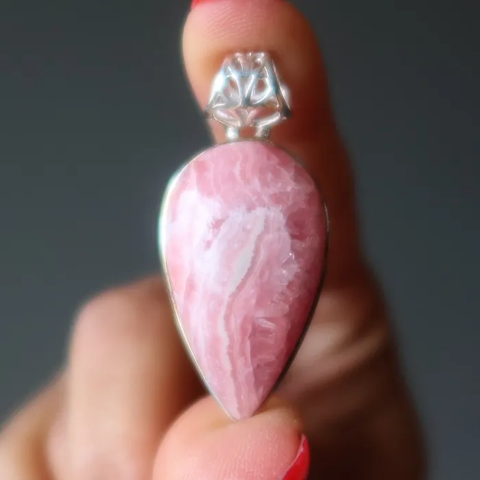 Satin Crystals Necklaces Rhodochrosite Pendant Soulmate Stone Sterling Silver