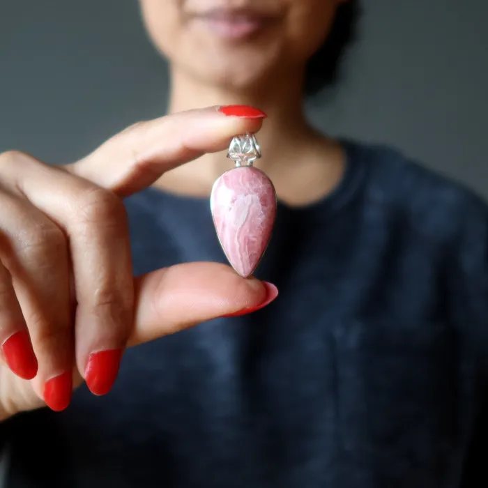 Satin Crystals Necklaces Rhodochrosite Pendant Soulmate Stone Sterling Silver