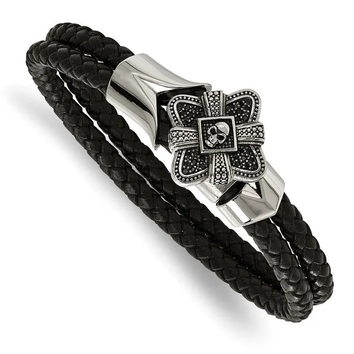 Stainless Steel Polished and Antiqued Leather Bracelet Chisel Bracelets