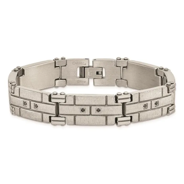 Stainless Steel Polished and Satin wBlack CZ Bracelet Chisel Bracelets Stainless Steel Polished and Satin wBlack CZ Bracelet Chisel Bracelets