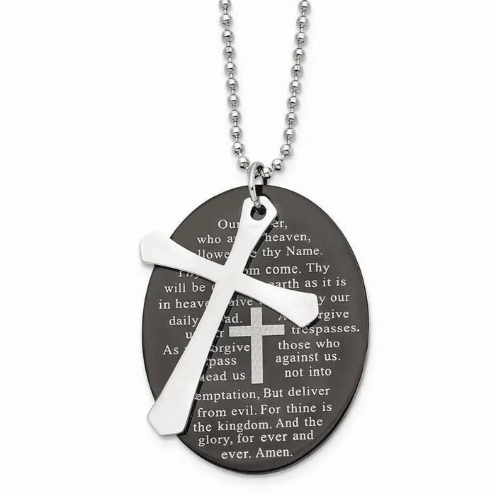 Stainless Steel Polished Blk IP Lords Prayer Oval Cross Necklace Chisel Necklaces