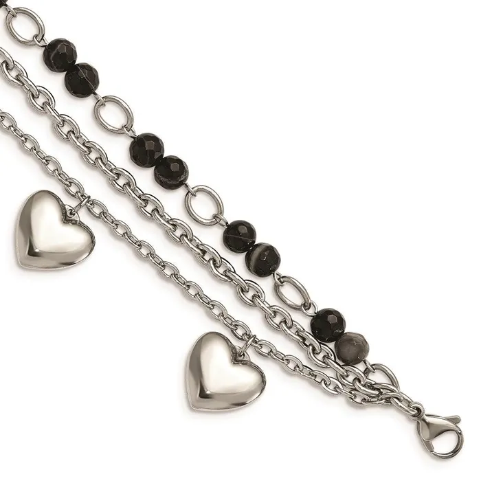 Stainless Steel Polished wBlack White Agate with Hearts Bracelet Chisel Bracelets Stainless Steel Polished wBlack White Agate with Hearts Bracelet Chisel Bracelets