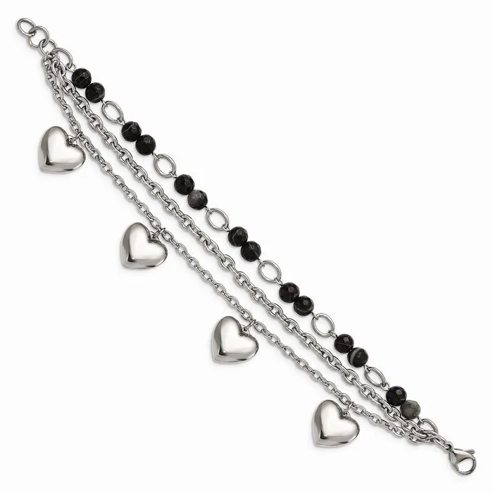 Stainless Steel Polished wBlack White Agate with Hearts Bracelet Chisel Bracelets Stainless Steel Polished wBlack White Agate with Hearts Bracelet Chisel Bracelets