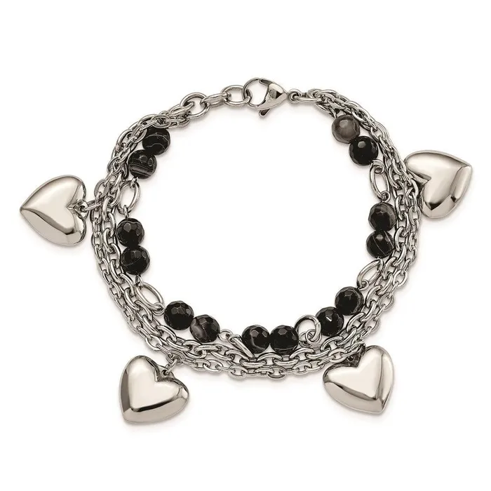 Stainless Steel Polished wBlack White Agate with Hearts Bracelet Chisel Bracelets Stainless Steel Polished wBlack White Agate with Hearts Bracelet Chisel Bracelets