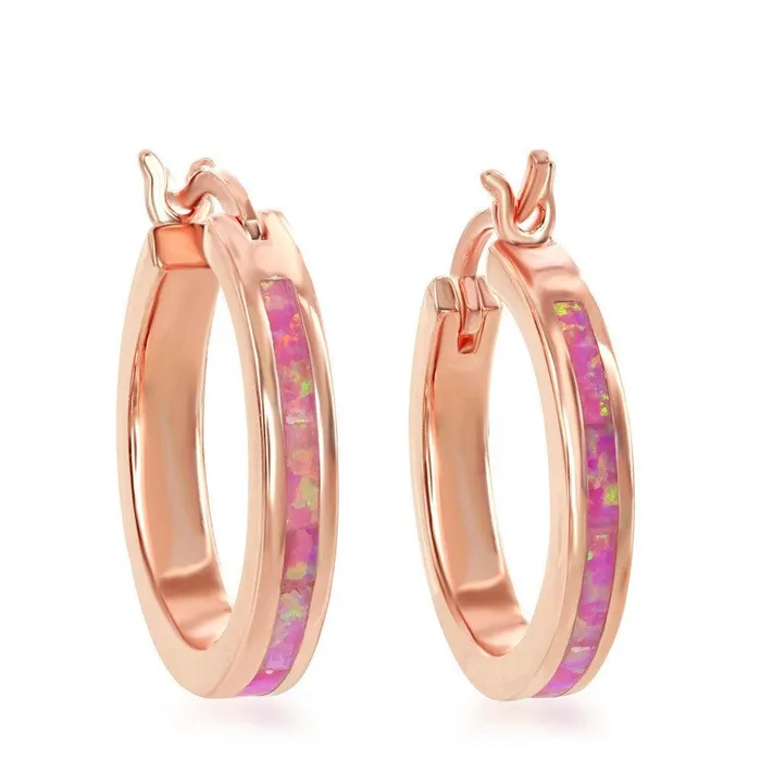 Sterling Silver Pink Inlay Opal Hoop Earrings Classic Earrings