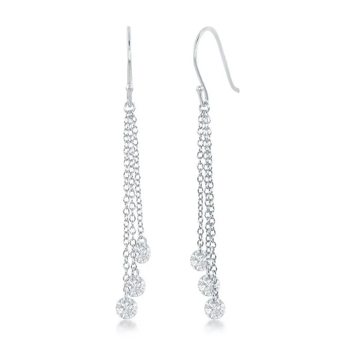 Sterling Silver Three Hanging CZ Dangling Earrings Classic Earrings