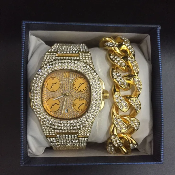 VVS Jewelry Bracelets Luxury Cuban Chain Bracelet Ring Watch Set