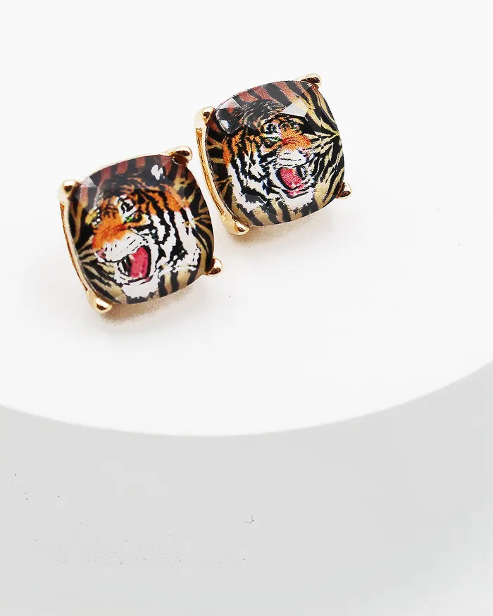 03082023 Earrings Tiger Print Faceted Square Stud Earrings