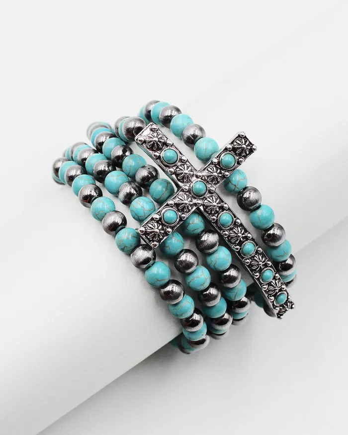 072222 Bracelets Cross Charm Stone Beaded Bracelet