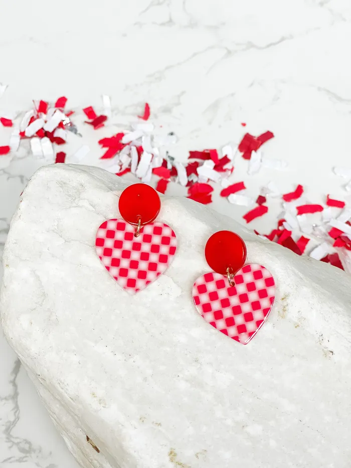 Acrylic Red Checkered Heart Dangle Earrings Prep Obsessed JJ Earrings