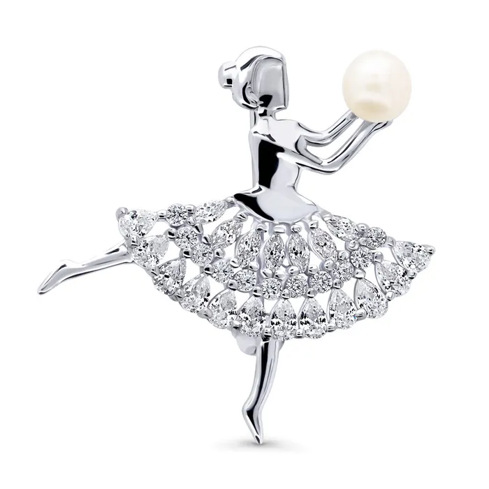 BERRICLE Dancing Ballerina Button Cultured Pearl Pin in Sterling Silver Earrings