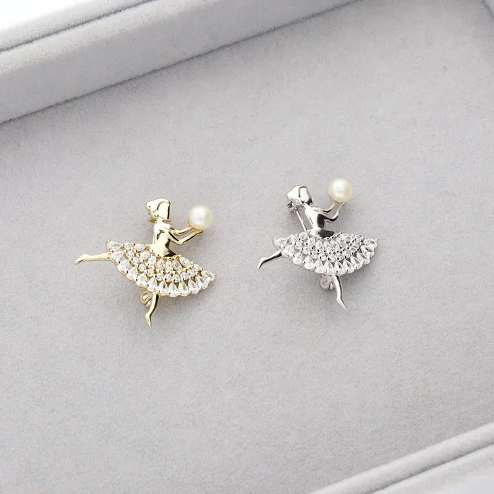 BERRICLE Dancing Ballerina Button Cultured Pearl Pin in Sterling Silver Earrings