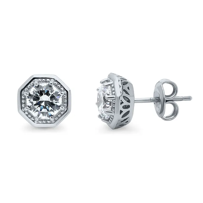 BERRICLE Earrings Solitaire Art Deco CZ Stud Earrings in Sterling Silver 25ct