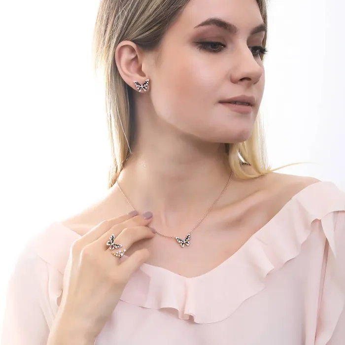 BERRICLE Necklaces Butterfly Enamel CZ Necklace in Rose Gold Flashed Sterling Silver