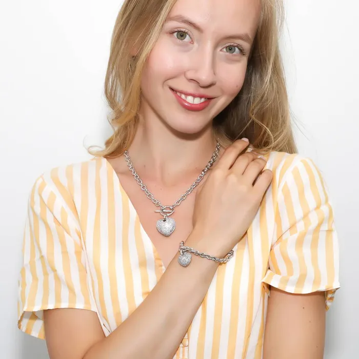 BERRICLE Necklaces Heart CZ Necklace Earrings and Bracelet in SilverTone