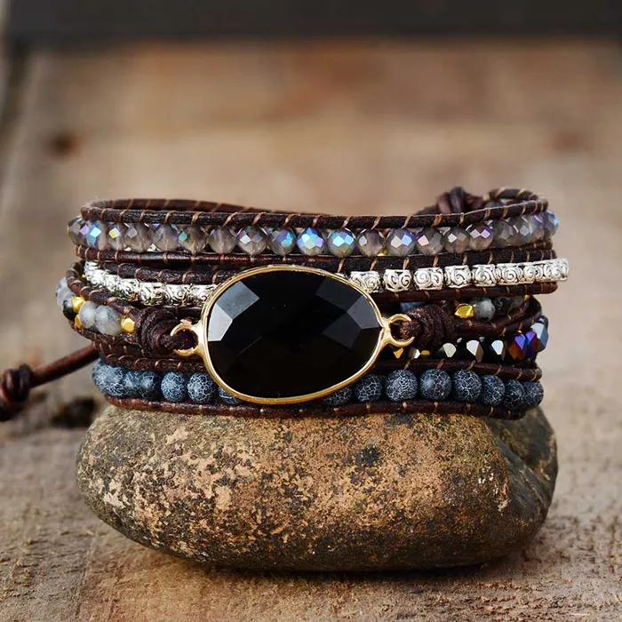 Black Onyx Quartz Wrap Bracelet wickedafstore Bracelets