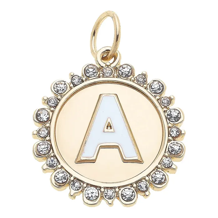 Canvas Rhinestone Letter Disc Charm in Shiny Gold Charm Necklaces
