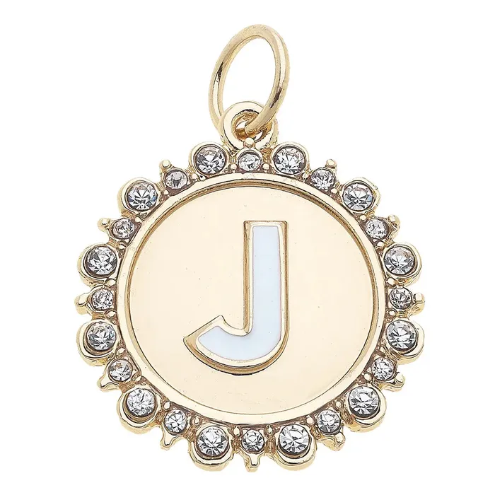 Canvas Rhinestone Letter Disc Charm in Shiny Gold Charm Necklaces