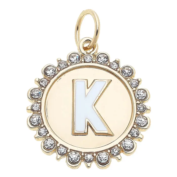 Canvas Rhinestone Letter Disc Charm in Shiny Gold Charm Necklaces