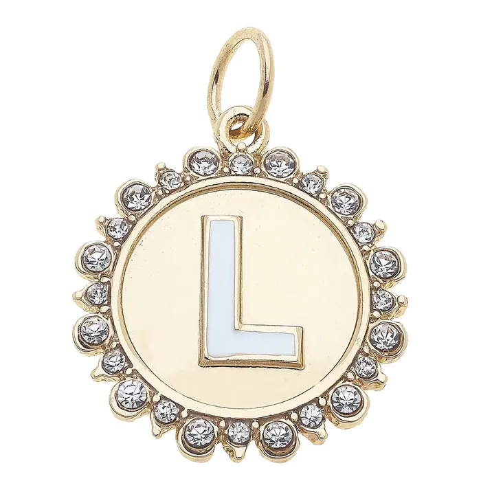 Canvas Rhinestone Letter Disc Charm in Shiny Gold Charm Necklaces