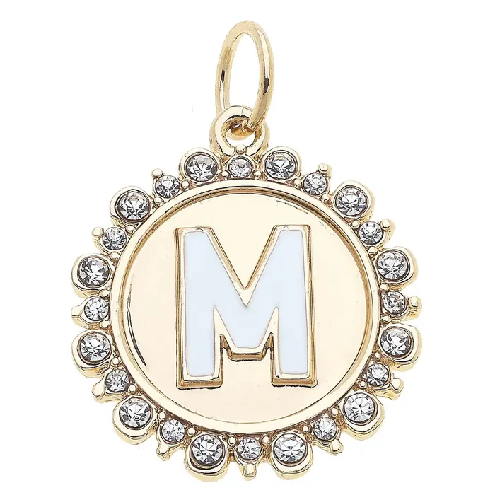 Canvas Rhinestone Letter Disc Charm in Shiny Gold Charm Necklaces