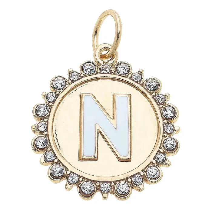 Canvas Rhinestone Letter Disc Charm in Shiny Gold Charm Necklaces