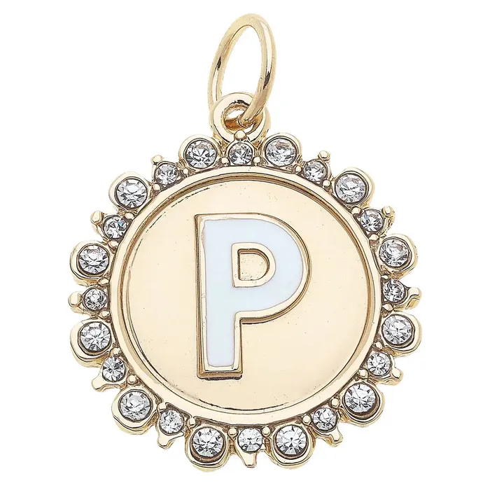 Canvas Rhinestone Letter Disc Charm in Shiny Gold Charm Necklaces