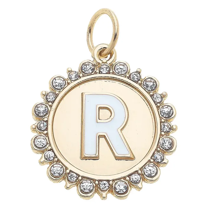 Canvas Rhinestone Letter Disc Charm in Shiny Gold Charm Necklaces