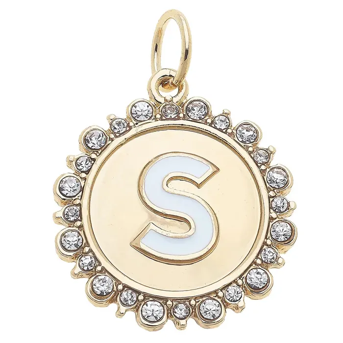 Canvas Rhinestone Letter Disc Charm in Shiny Gold Charm Necklaces