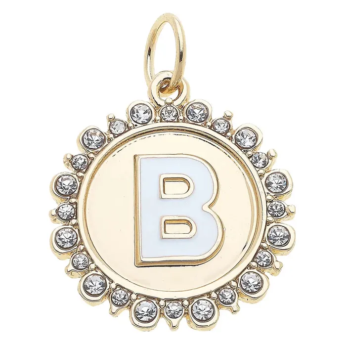 Canvas Rhinestone Letter Disc Charm in Shiny Gold Charm Necklaces