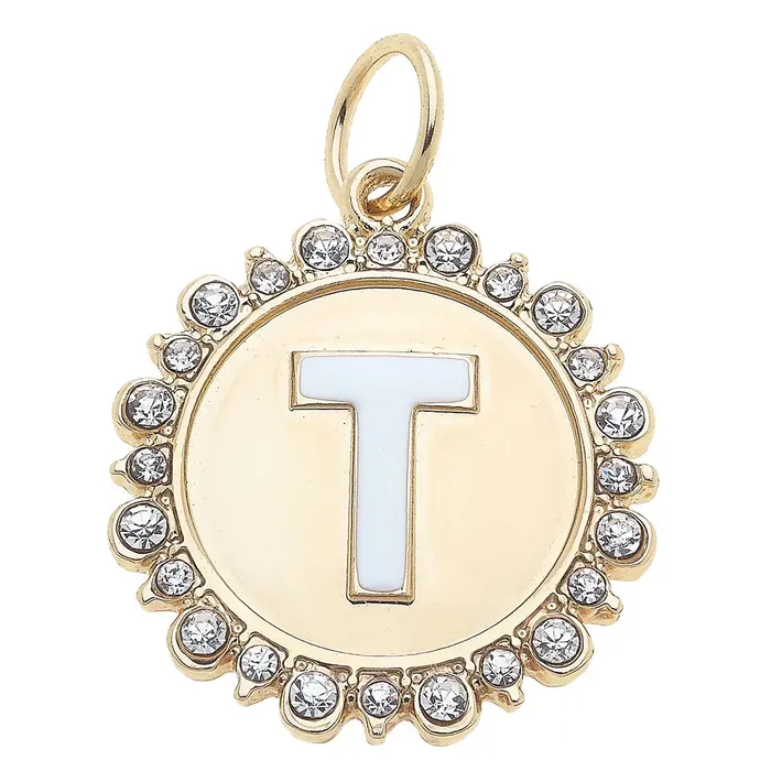 Canvas Rhinestone Letter Disc Charm in Shiny Gold Charm Necklaces