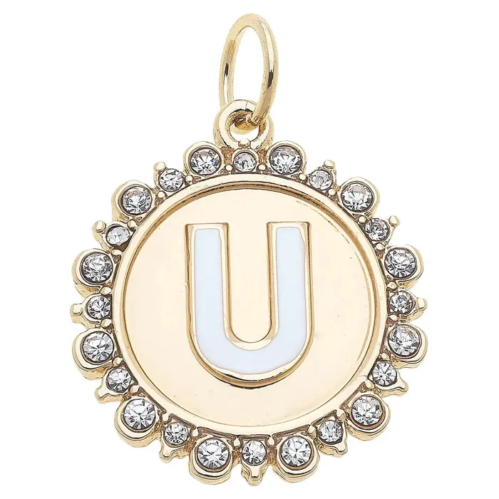 Canvas Rhinestone Letter Disc Charm in Shiny Gold Charm Necklaces