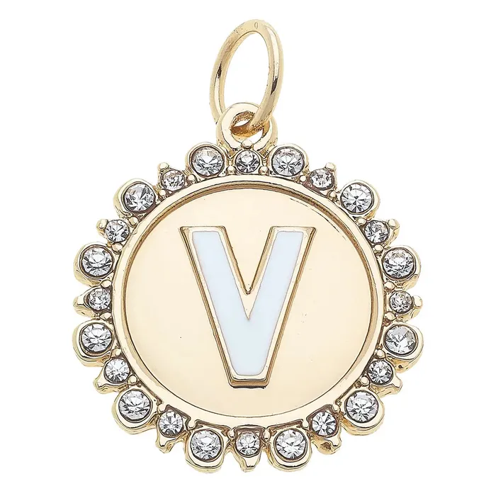 Canvas Rhinestone Letter Disc Charm in Shiny Gold Charm Necklaces