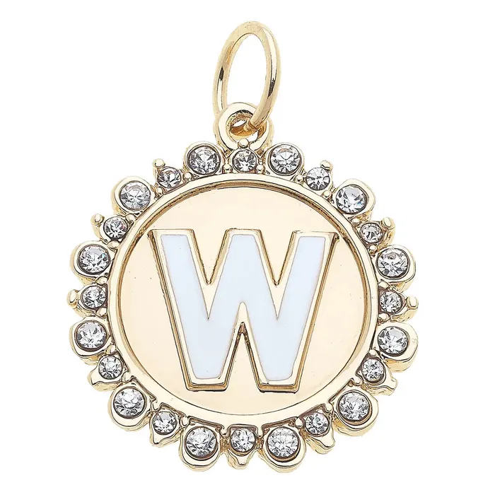 Canvas Rhinestone Letter Disc Charm in Shiny Gold Charm Necklaces